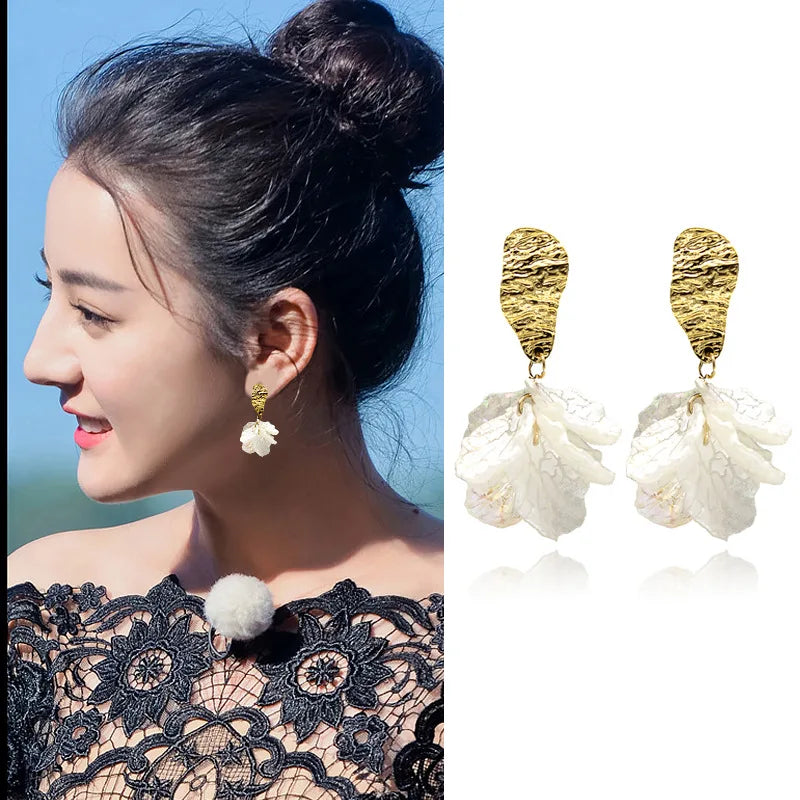 Elegant White Enamel Flower Petal Alloy Stud & Clip On No Piercing Korean Fashion Drop Earrings