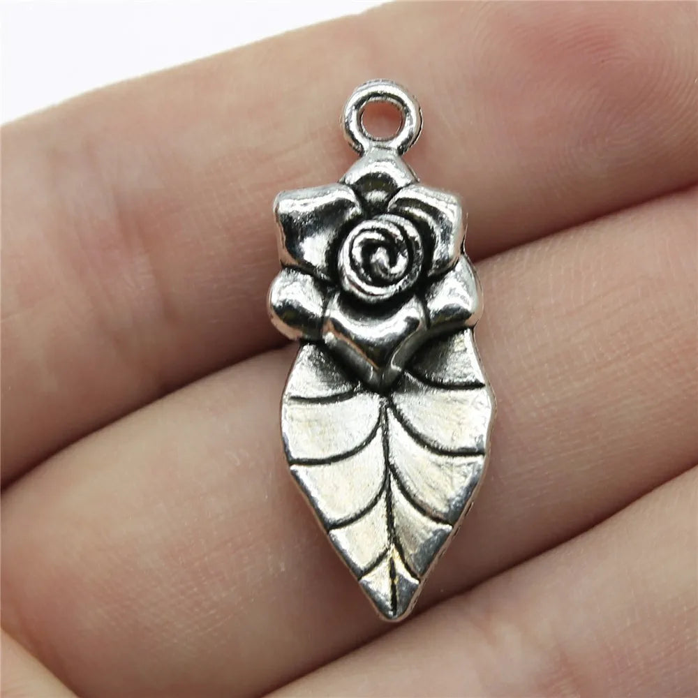 32x13mm 2.4g Antique Silver Zinc Alloy Flower Leaf Charm Pendant for DIY Jewelry Making