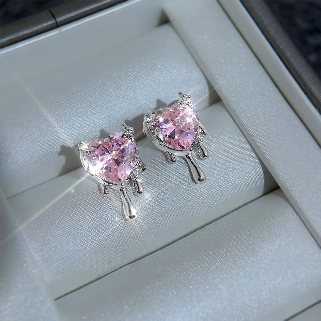 Sweet Cool Liquid Pink Zircon Heart Copper Stud Earrings Minimalist Designer Jewelry