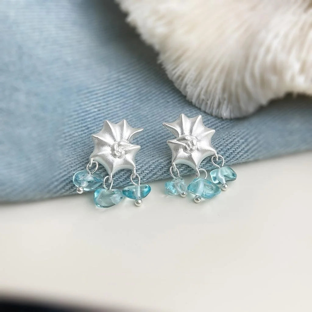 Aquamarine Blue Ocean Conch Shell Glass Crystal Drop Earrings Copper Silver Plated Fresh Designer Jewelry