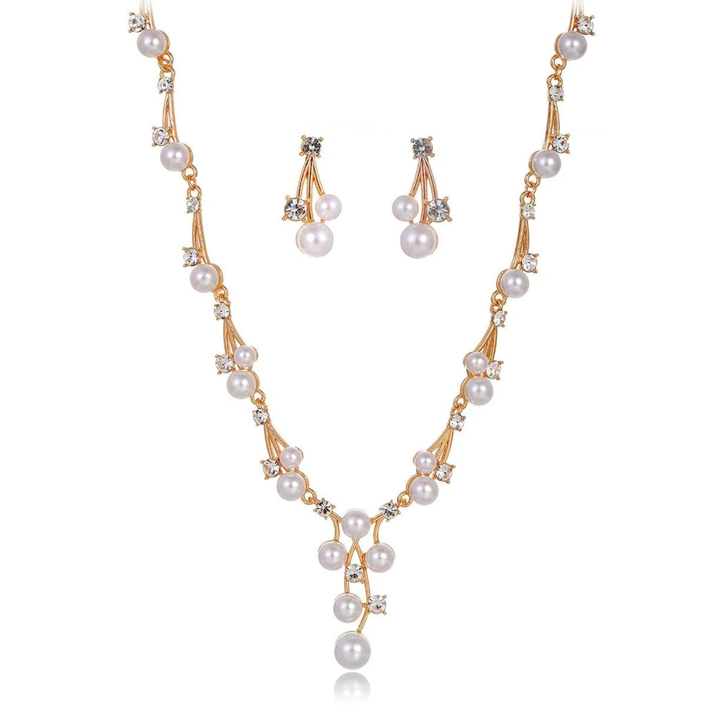 Elegant Pearl Rhinestone Alloy Bridal Earrings and Necklace Jewelry Setfor Wedding Party Banquet Gift