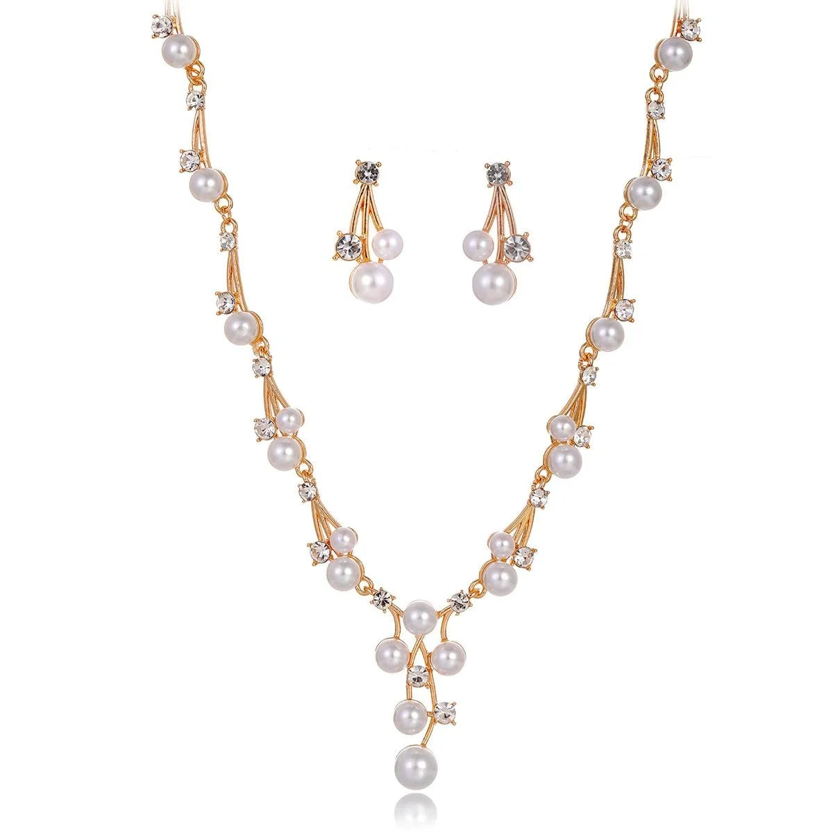 Elegant Pearl Rhinestone Alloy Bridal Earrings and Necklace Jewelry Setfor Wedding Party Banquet Gift