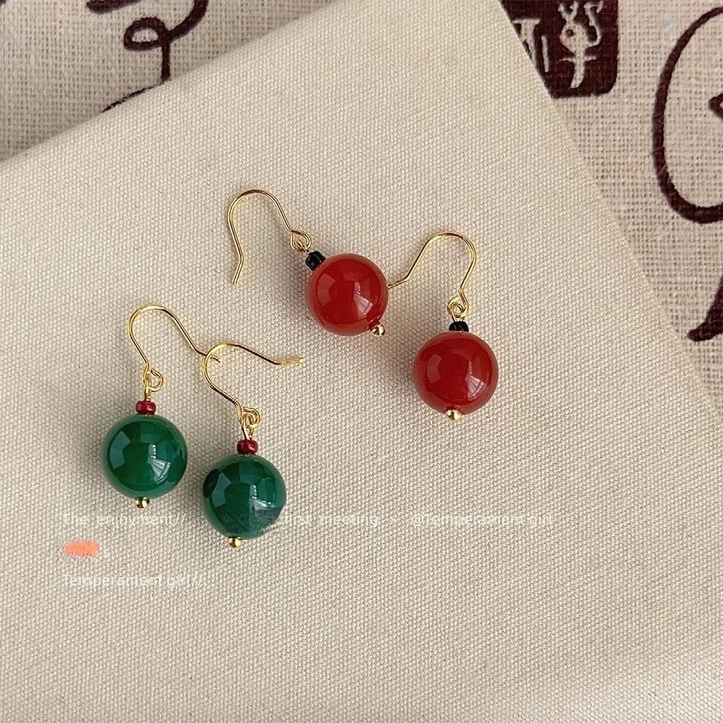 Handmade New Chinese Vintage Palace Style Red And Green Agate Round Geometric Drop Earrings