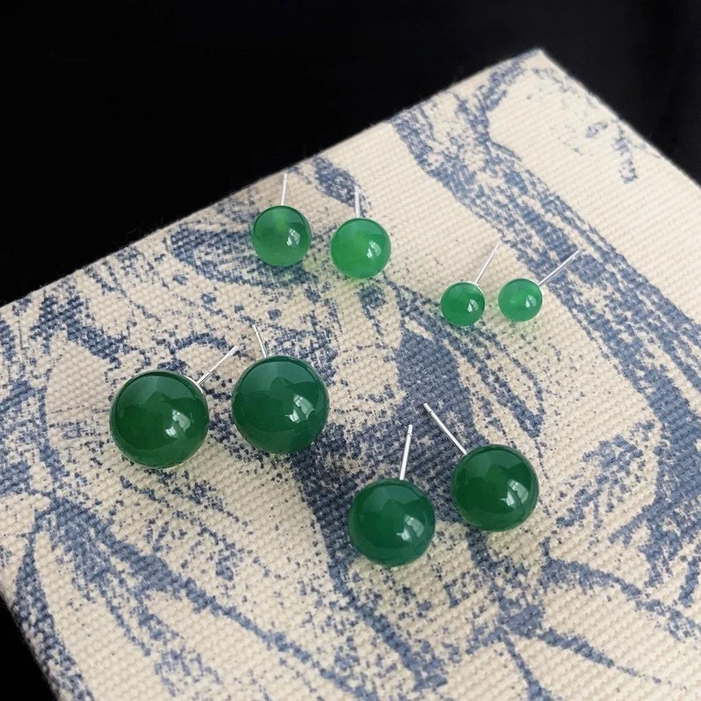 Natural Green Agate Round Ball Stud Earrings New Chinese Vintage Palace Style Jewelry