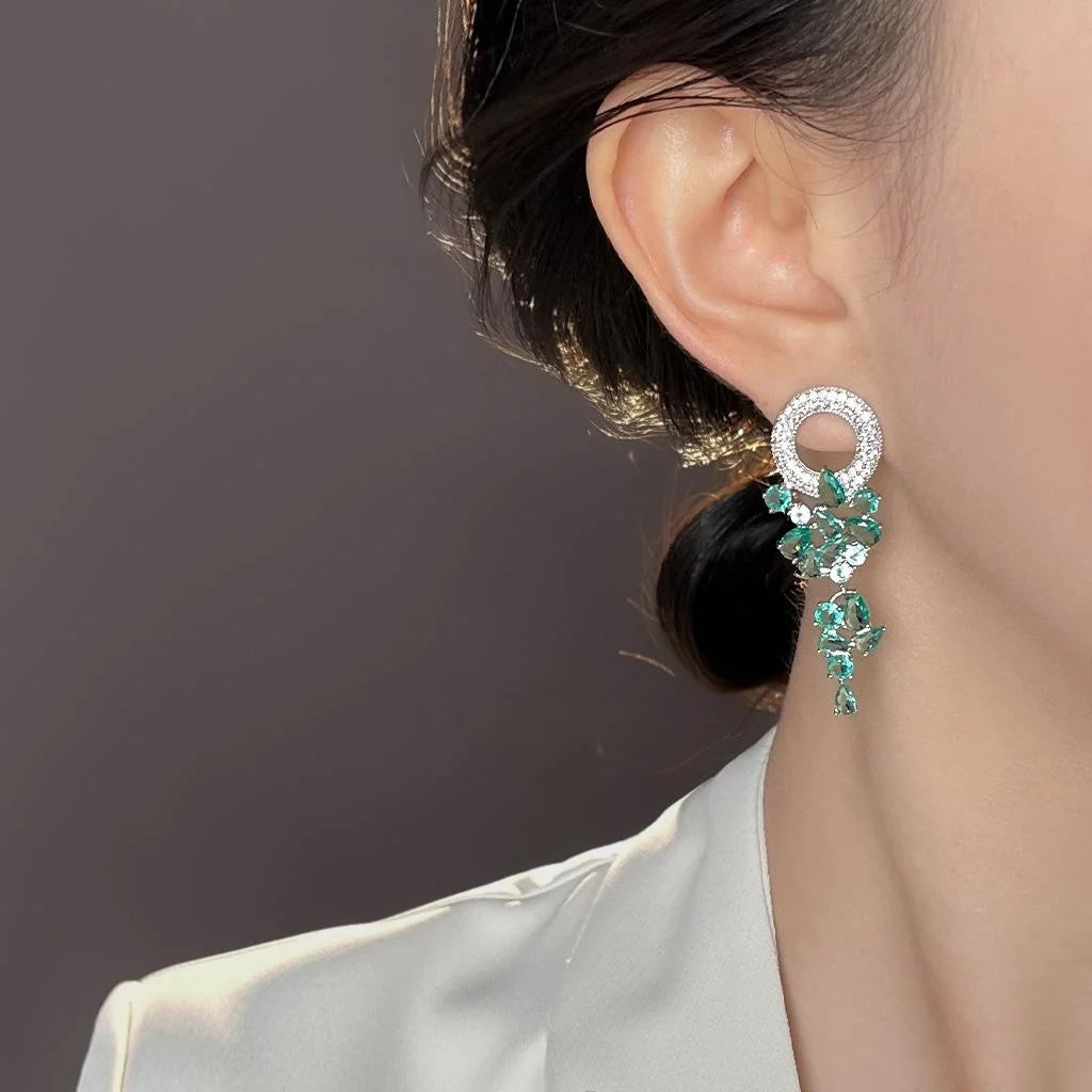 Blue Green Grape Zircon Copper Tassel Drop Earrings With Silver Plated Pins