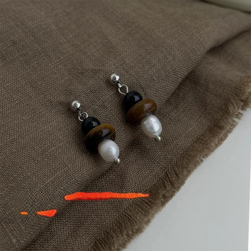 Handmade Vintage Hong Kong Style Freshwater Pearl Tiger Eye Natural Stone Round Oval Hoop Drop Earrings