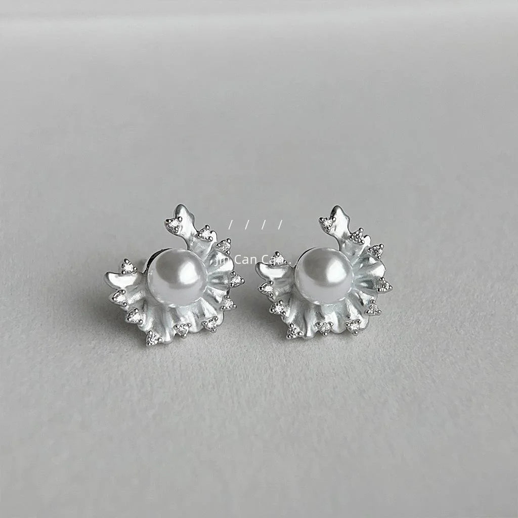 Micro Pave Zircon Pearl Ruffle Stud Earrings Copper Geometric Minimalist Office Jewelry