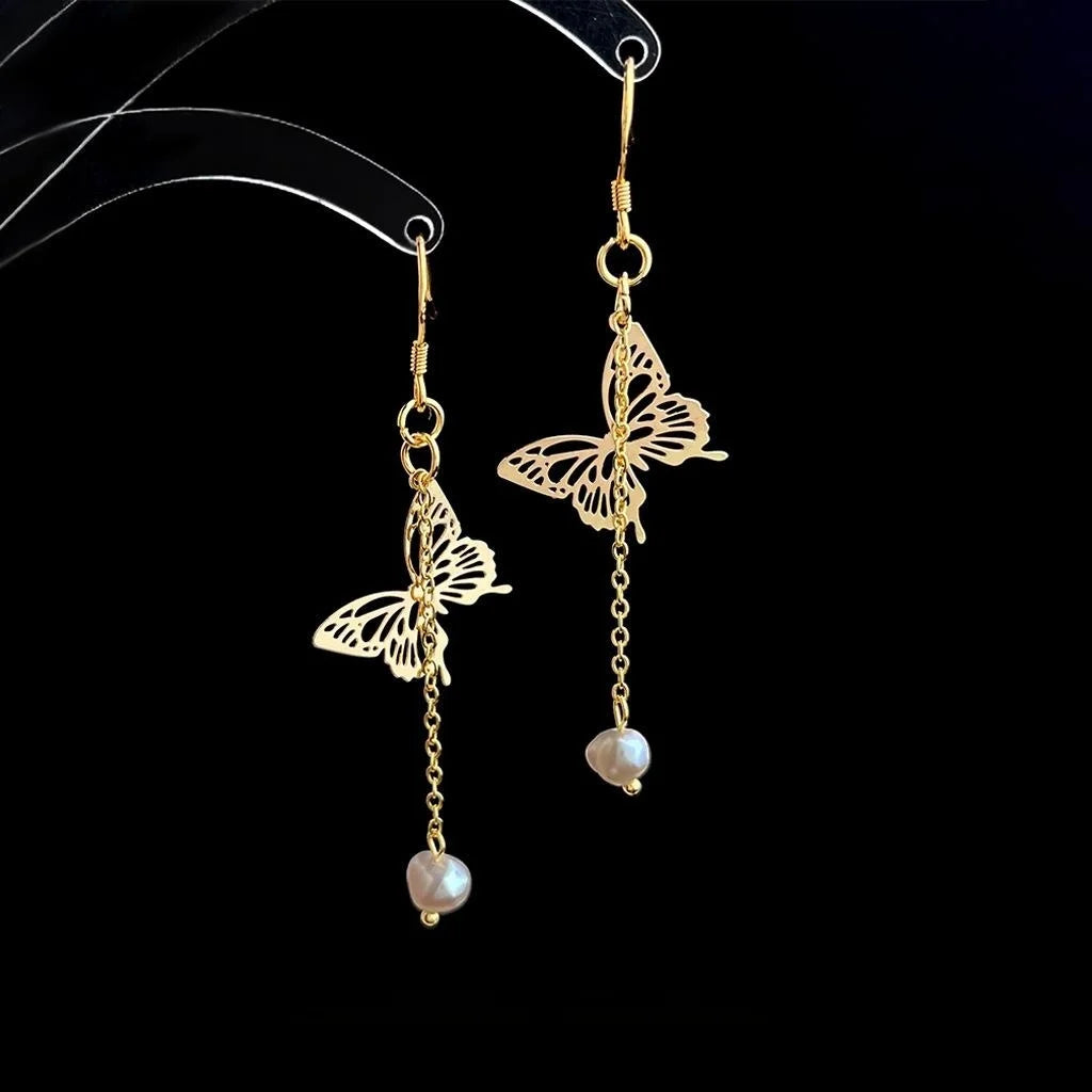 14K Gold Plated Handmade Natural Freshwater Pearl Butterfly Stud Earrings Original Minimalist Design