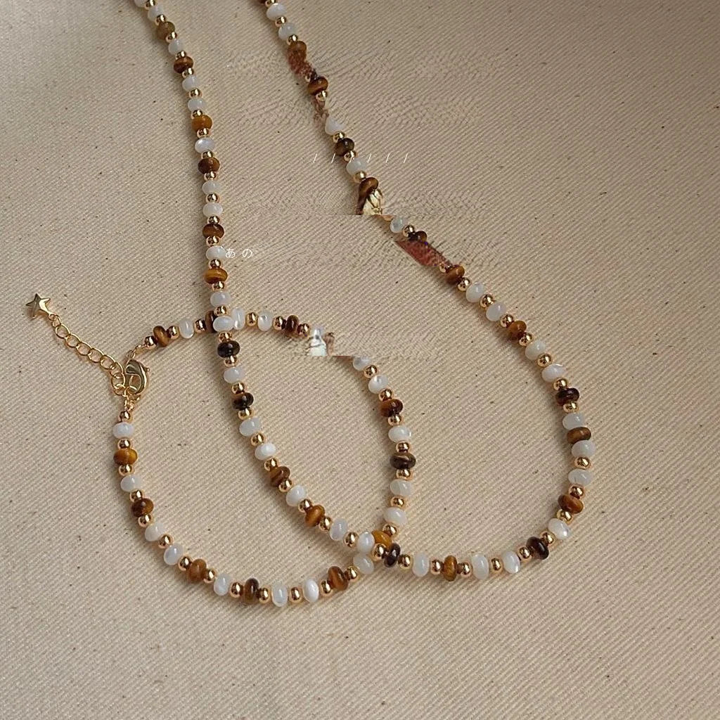 New Chinese Style Copper Tiger Eye Stone Shell Tassel Geometric Choker Necklace