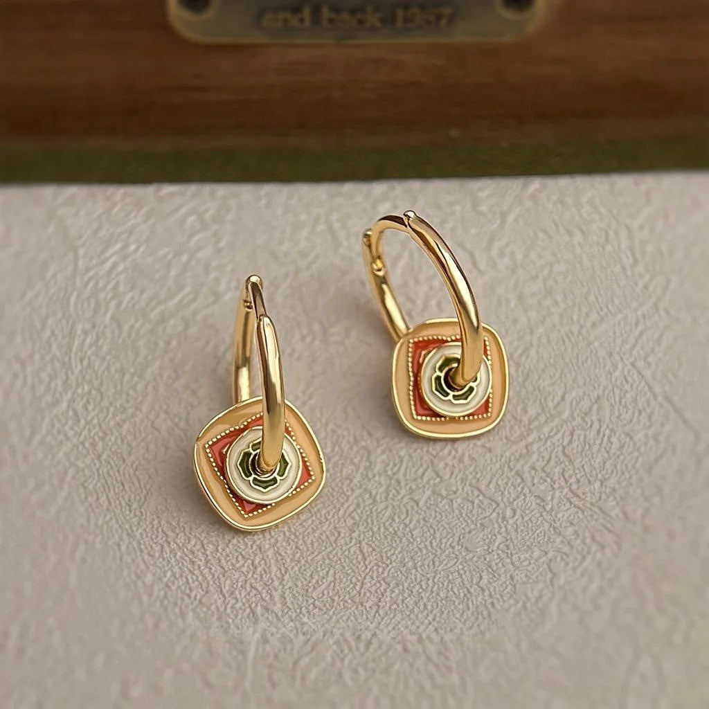 Designer Chinese Style Enamel Painted Geometric Copper Drop Earrings For Women