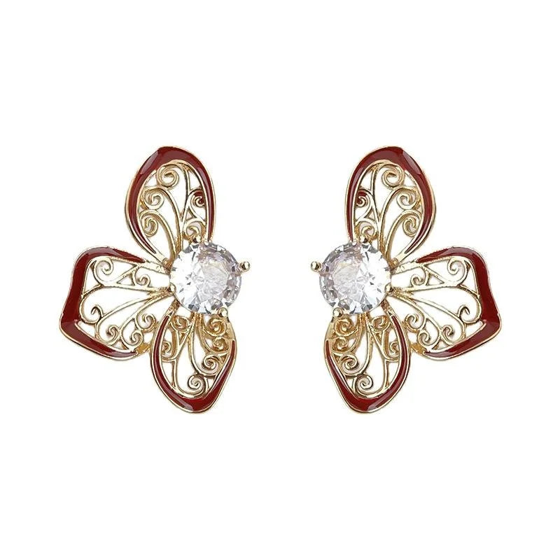 Vintage Floral Enamel Drip Glaze Hollow Zircon Copper Drop Earrings