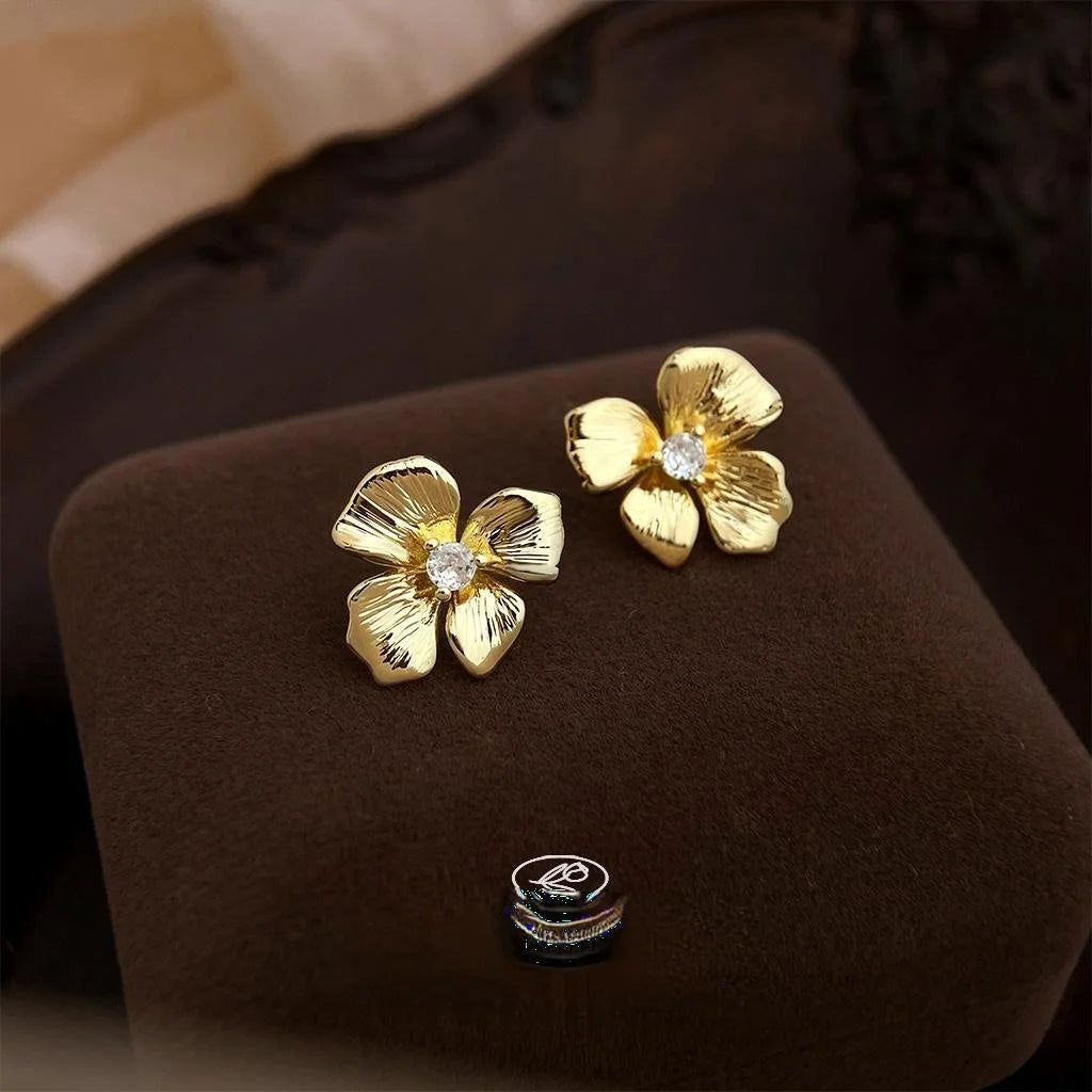 Original Designer 18K Gold Plated Copper Zircon Flower Stud Earrings
