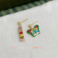 14K Gold Plated Copper Colorful Enamel Zircon Asymmetric Butterfly Stud Earrings