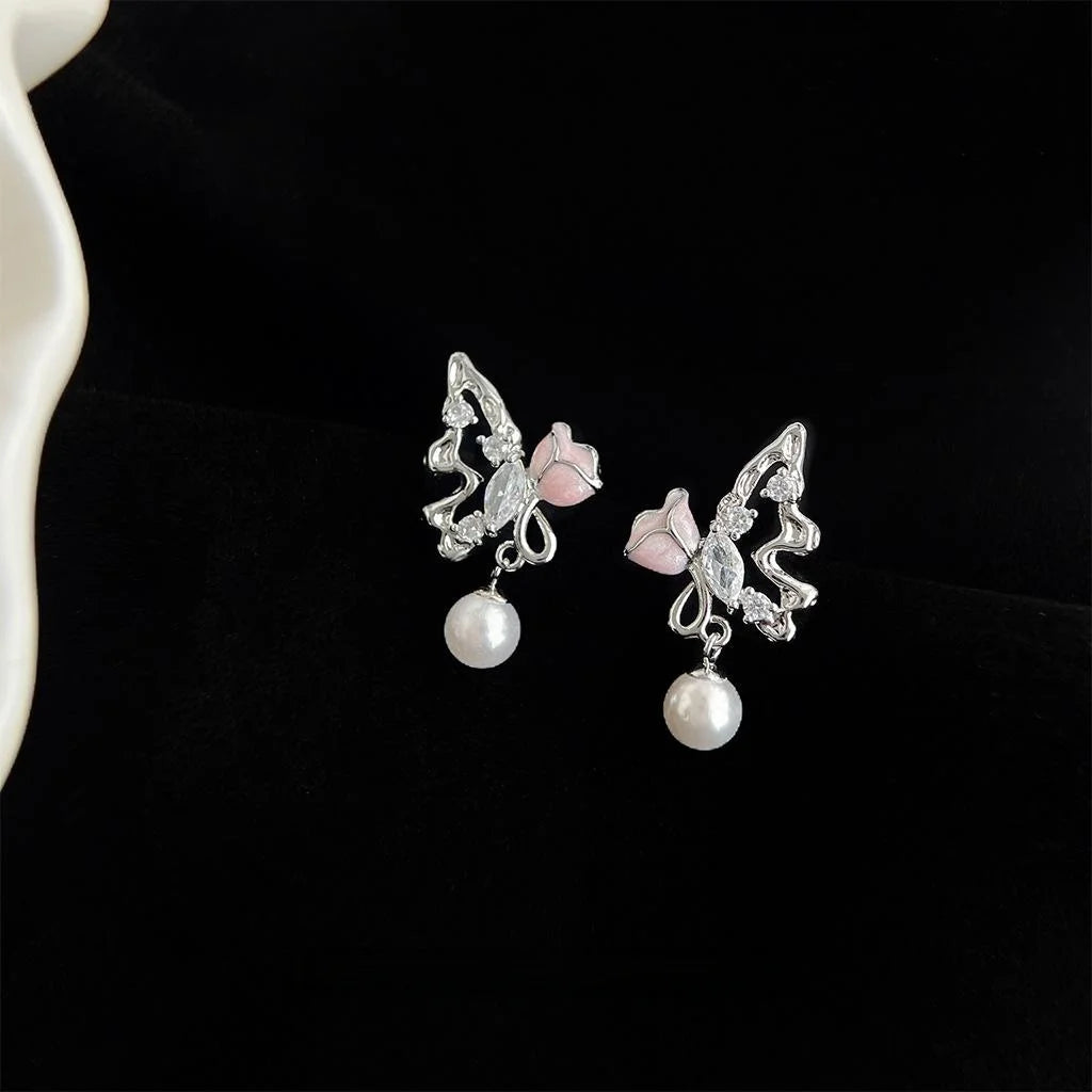 Original Designer Copper Butterfly Rose Flower Liquid Style Drop Earrings For Women