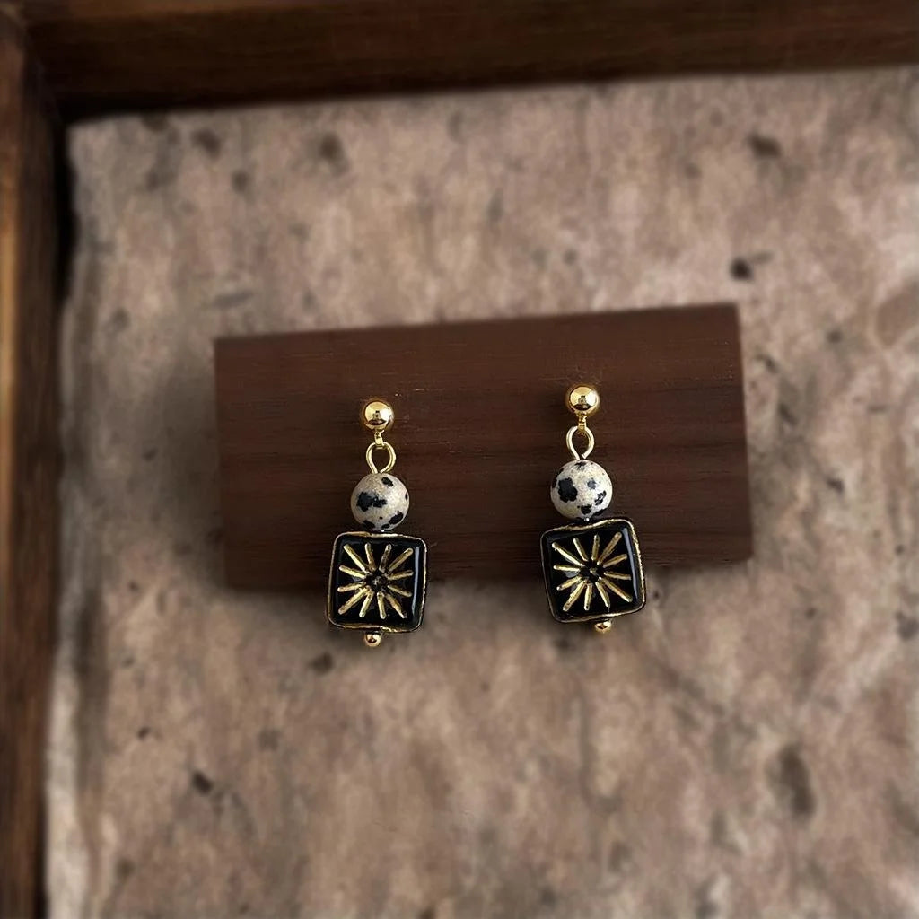 Vintage Czech Glass Geometric Square Round Handmade Drop Earrings for Women