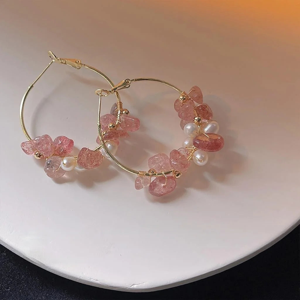 Sweet Handmade 14K Plated Copper Strawberry Quartz Freshwater Pearl Irregular Geometric Stud Earrings