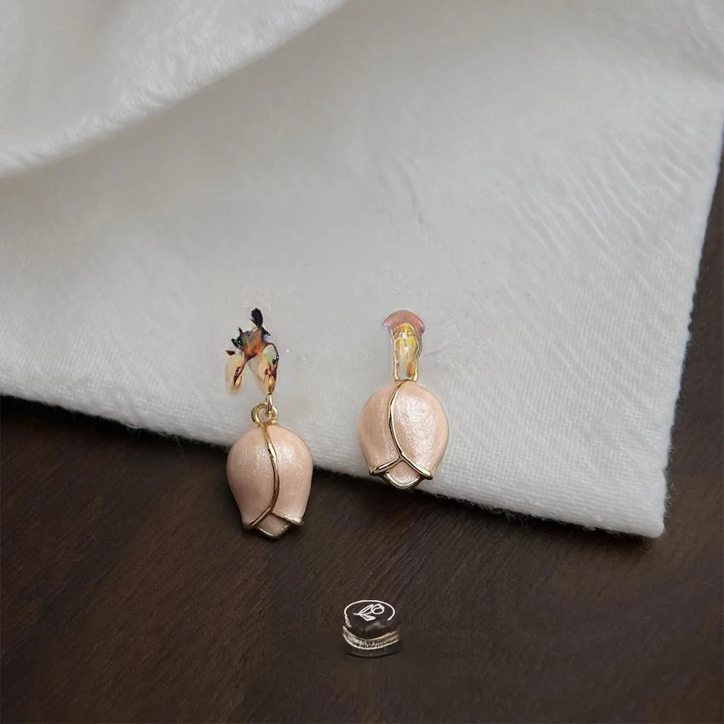 Sweet Pink Tulip Drop Earrings 14K Plated Copper Floral Oil Painting Enamel