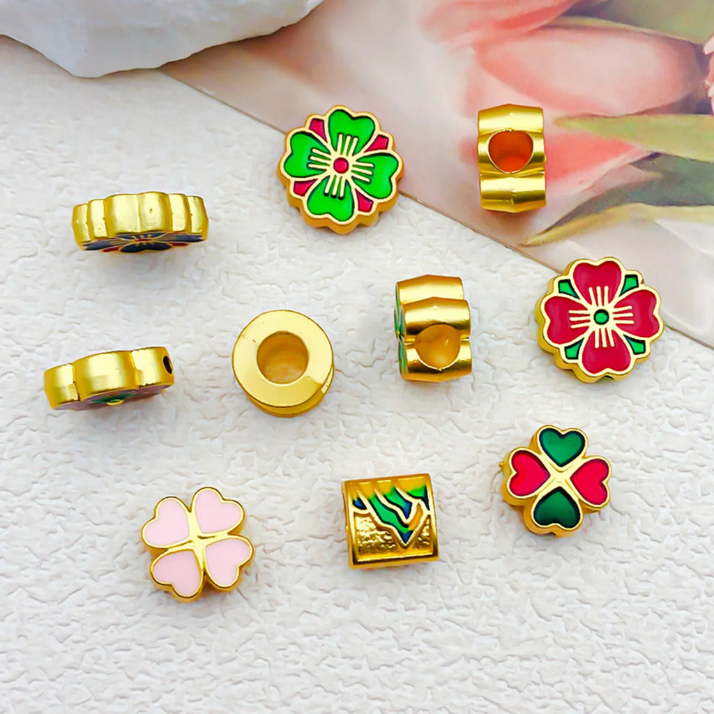 Zinc Alloy Enamel Fu Character Sakura Flower Large Hole Spacer Beads for DIY Jewelry