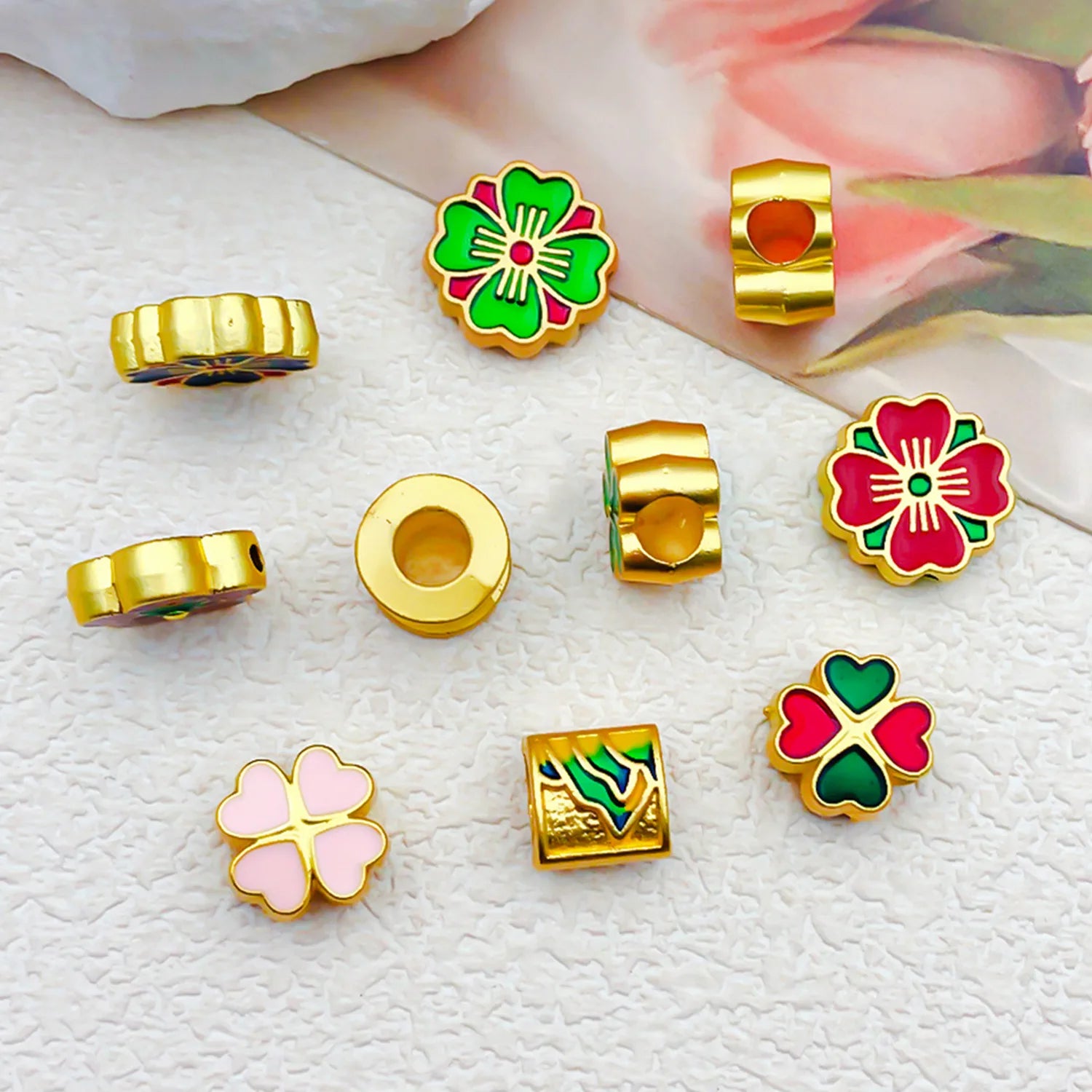 Zinc Alloy Enamel Fu Character Sakura Flower Large Hole Spacer Beads for DIY Jewelry