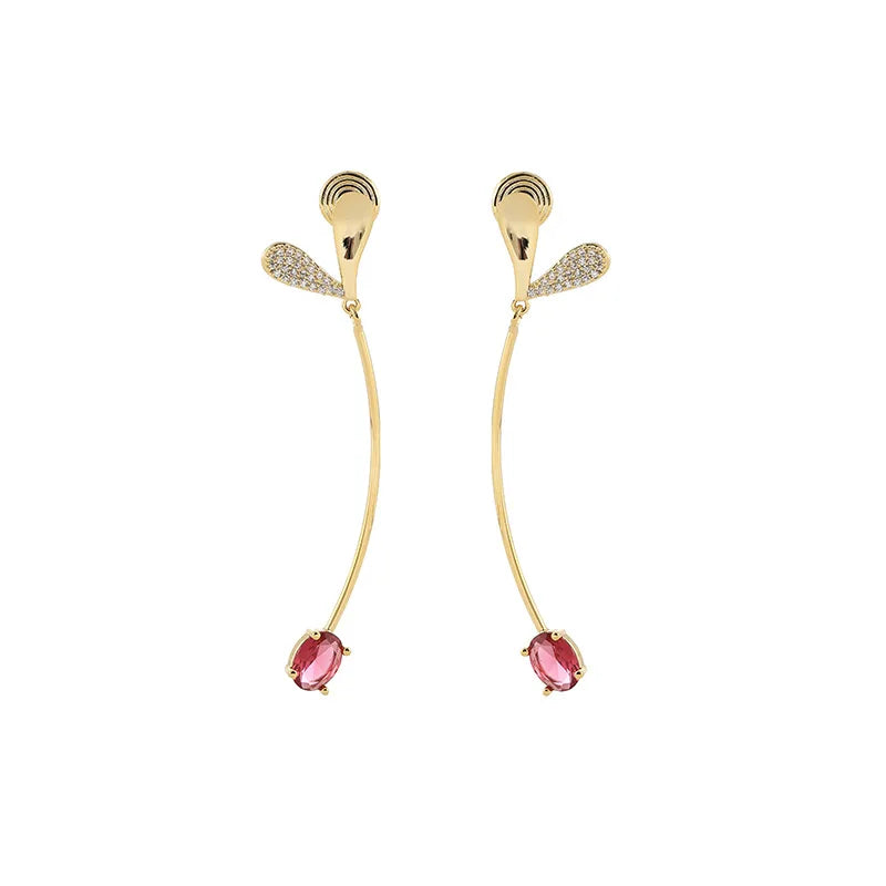 Elegant Long Curved Tassel Heart Spiral Alloy Rhinestone Ruby Crystal Stud & Clip On No Piercing Earrings