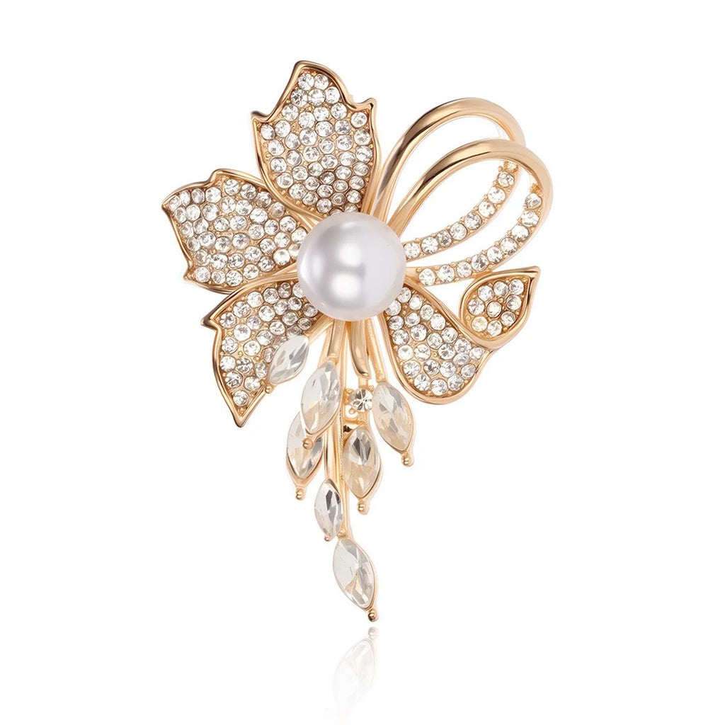 Elegant Rhinestone Flower Brooch With Faux Pearl Center, Silver Alloy Lapel Pin Corsage For Women Gift