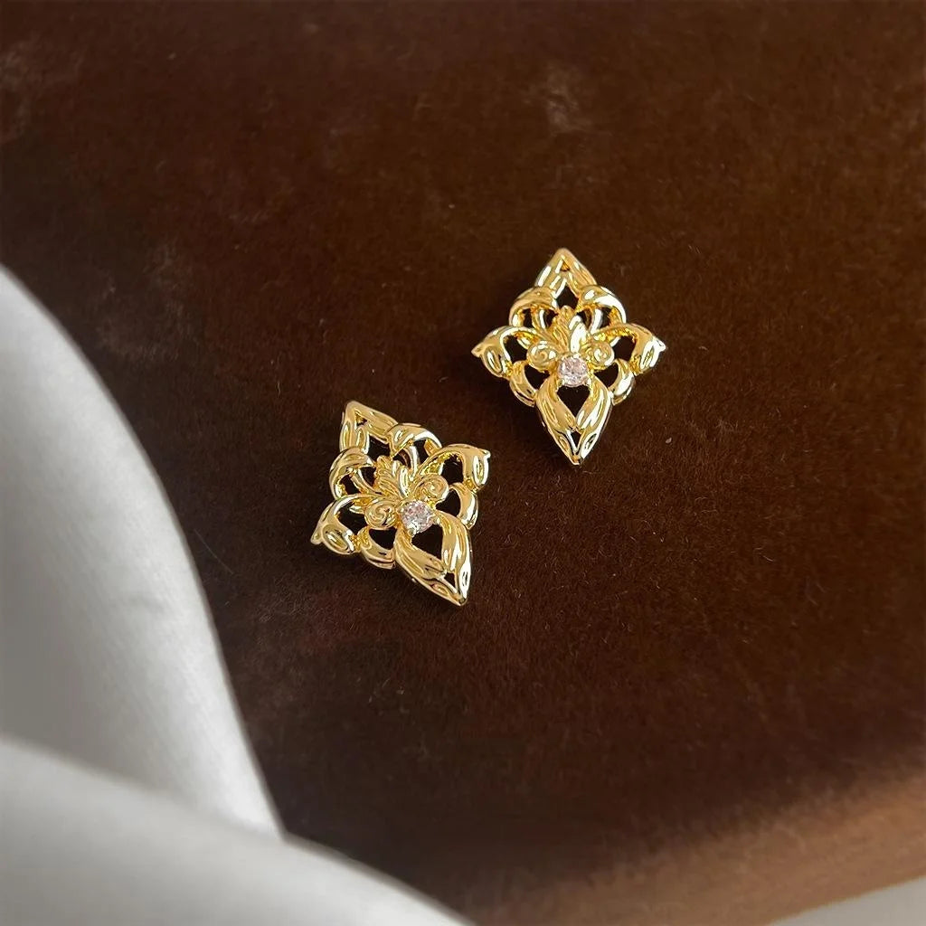 Iris Flower Geometric Zircon Copper 14K Plated Luxury Stud Earrings