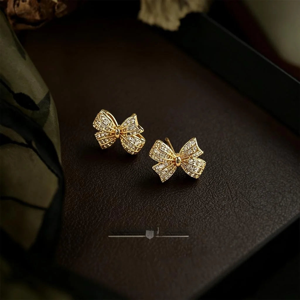Light Luxury Micro Pave Zircon Bow Stud Earrings Eco-Friendly Copper Cute Minimalist Jewelry