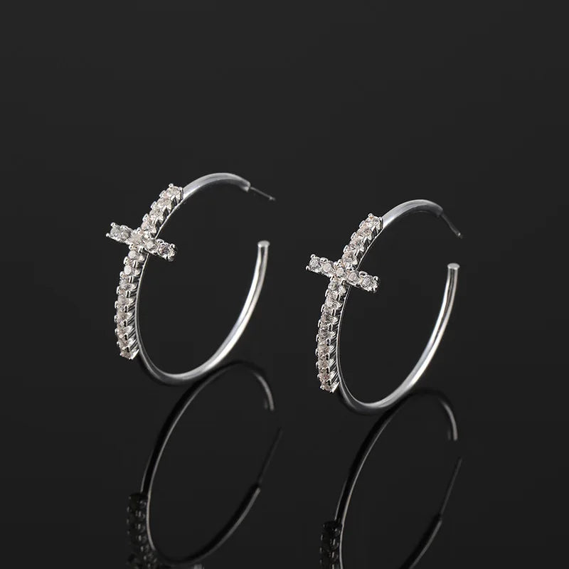 Elegant Silver Tone Alloy Zircon Cross Hoop Stud & Clip On No Piercing Geometric Circle Earrings