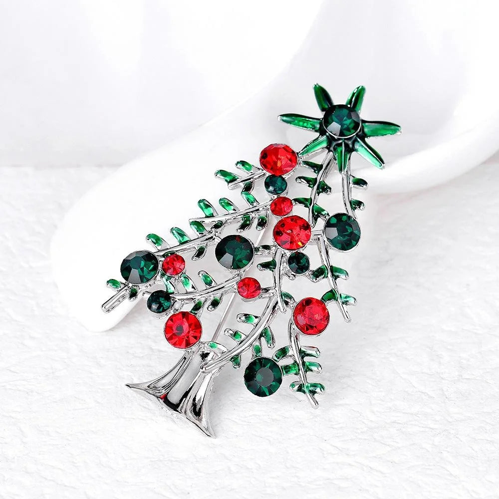 Elegant Christmas Tree Brooch With Red Green Rhinestones And Enamel Leaves, Alloy Lapel Pin Holiday Gift