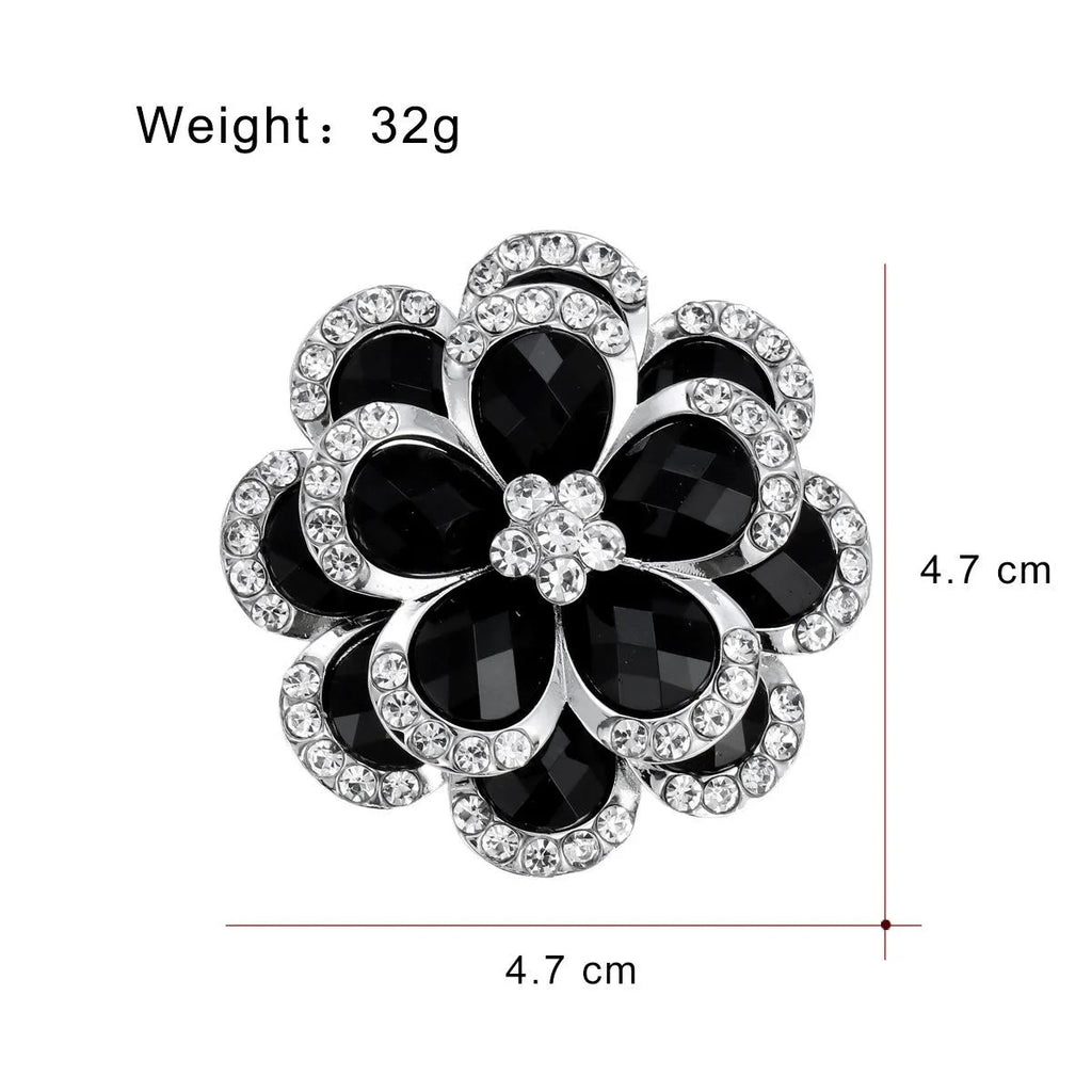 Elegant Black Flower Rhinestone Alloy Brooch, Sparkling Petal Lapel Pin Corsage For Women's Suit Accessory