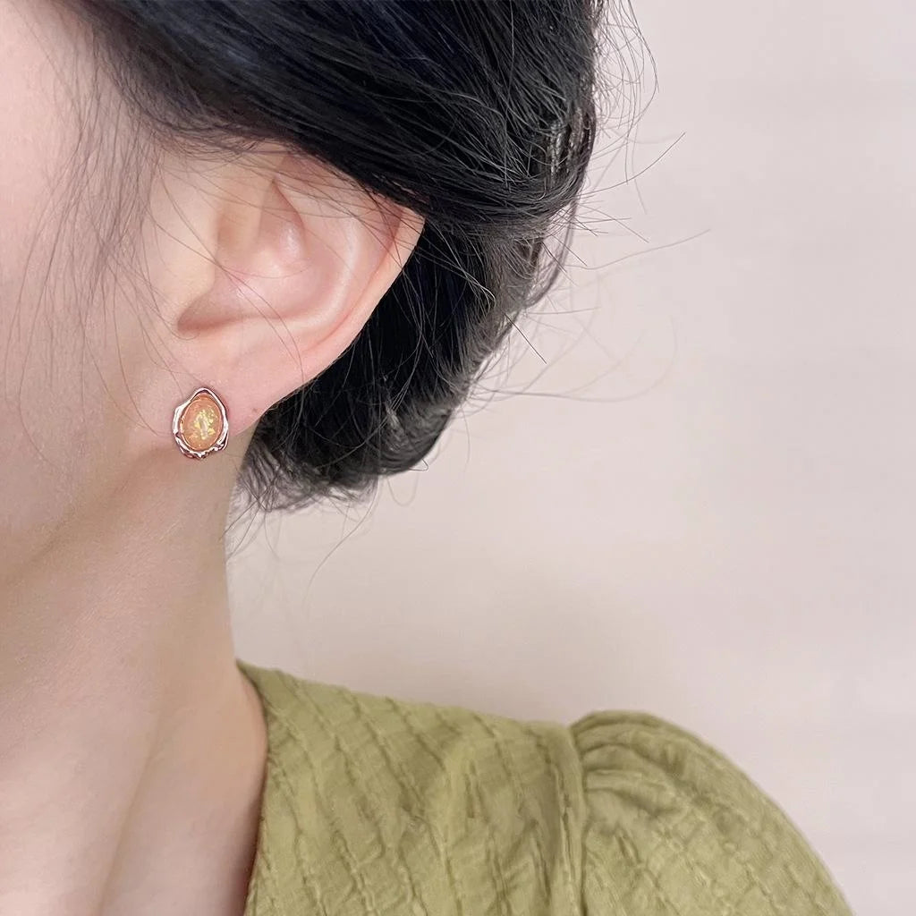 French Vintage Irregular Synthetic Opal Mini Stud Earrings Copper