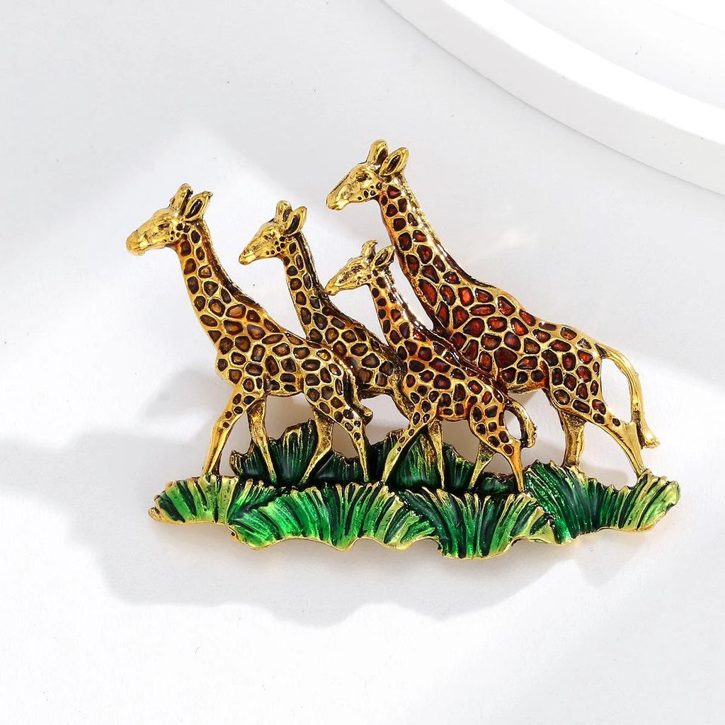 Elegant Enamel Giraffe Herd Brooch With Green Grass, Gold Tone Alloy Lapel Pin Corsage Gift