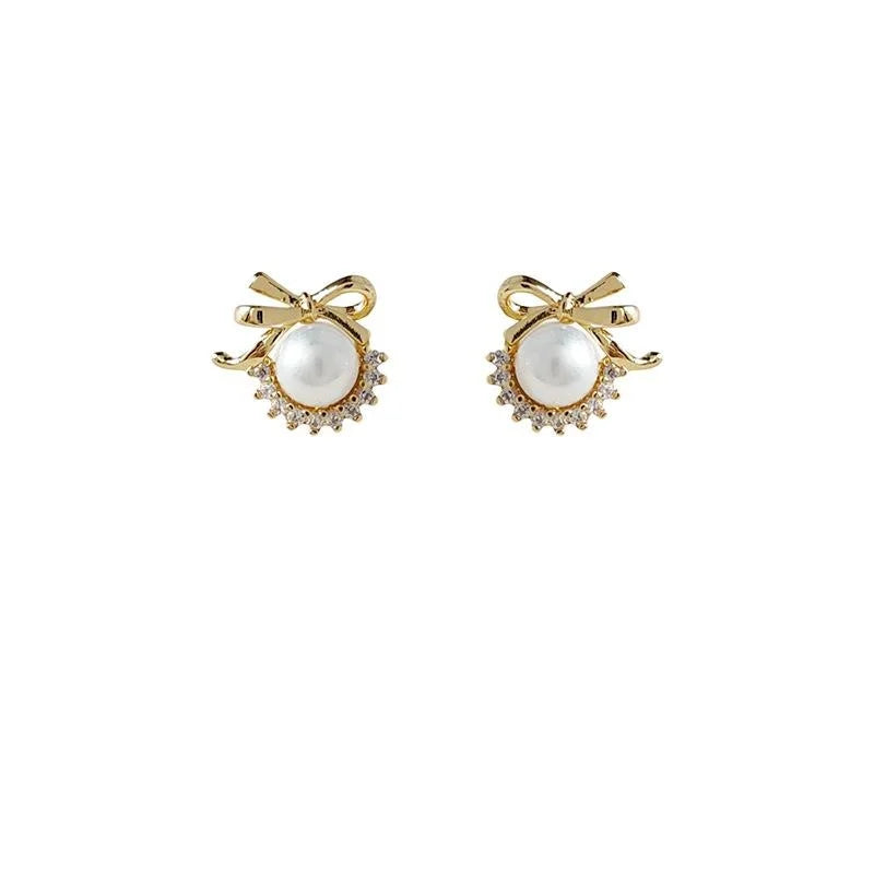 Copper Micro Pave Zircon Bow Pearl Stud Earrings, Sweet Princess Style Mini Jewelry