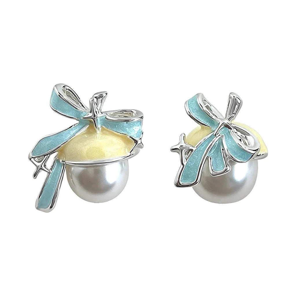 Original Sweet Asymmetric Bow Enamel Painted Pearl Copper Stud Earrings