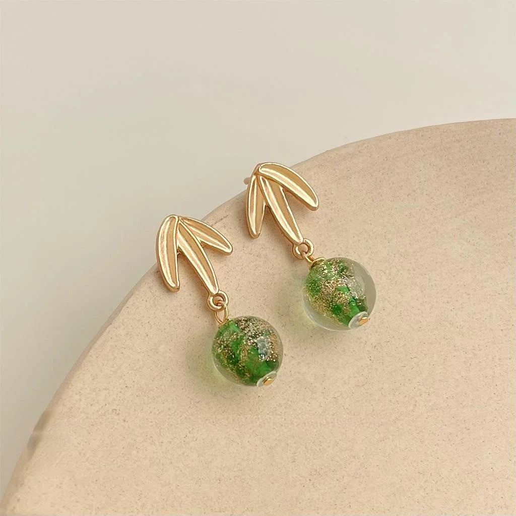 New Chinese Style Green Glass Bamboo Leaf Drop Earrings Handmade Vintage Women Jewelry