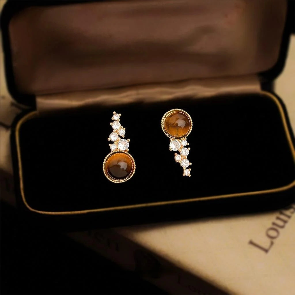 14K Plated Copper Tiger Eye Stone Zircon Round Stud Earrings