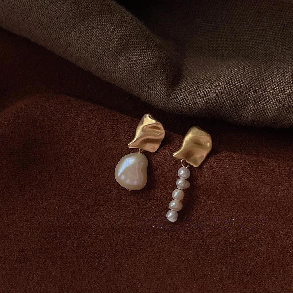 Handmade Baroque Freshwater Pearl Stud Earrings Asymmetrical Geometric Silver Plated Copper French Style
