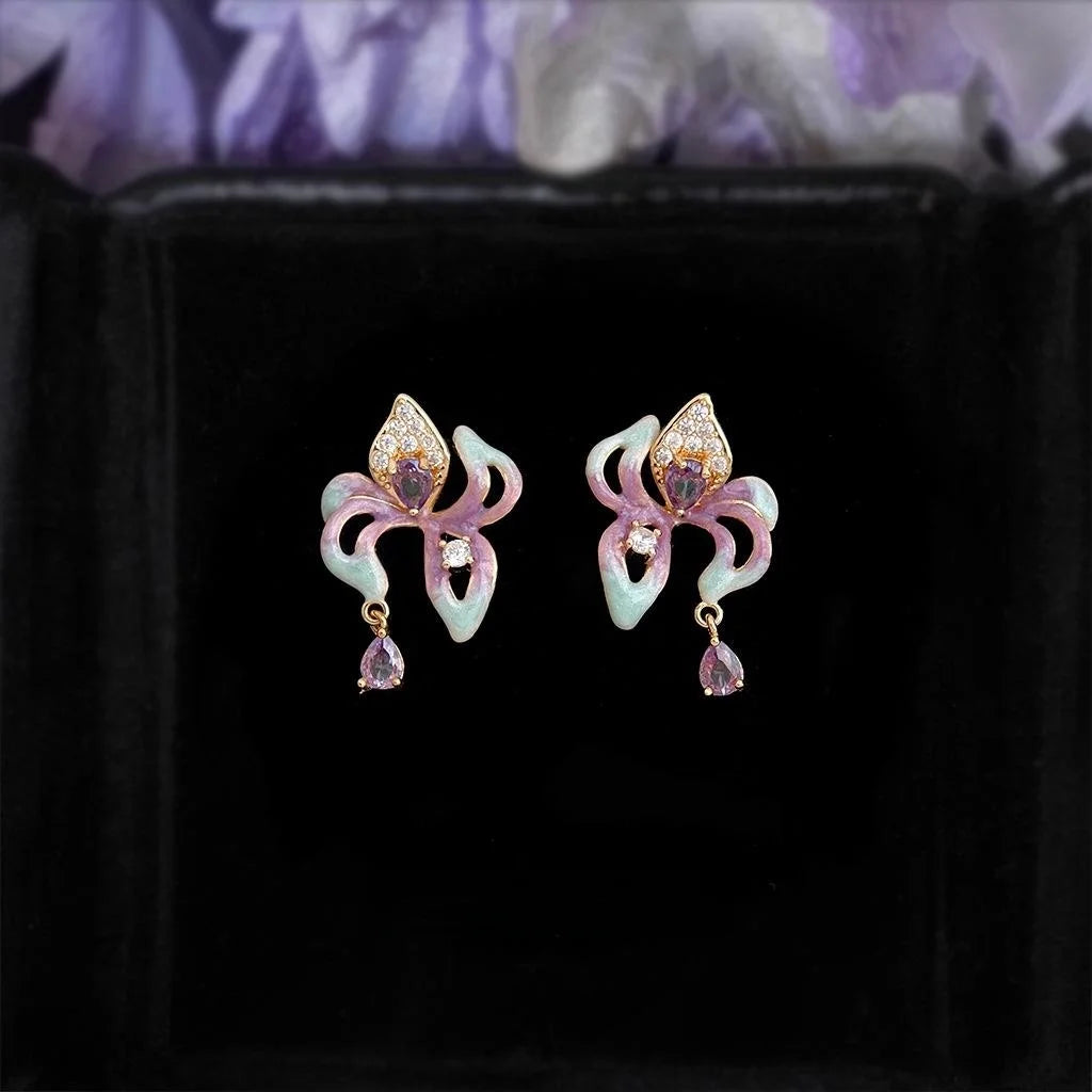 14K Plated Copper Zircon Enamel Iris Flower Drop Earrings Elegant Floral Petal Jewelry