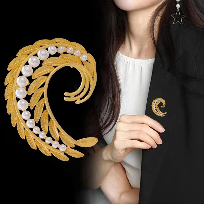 Elegant Gold Alloy Feather Heart Brooch With Faux Pearls, Women's Lapel Pin Corsage Suit Accessory Gift