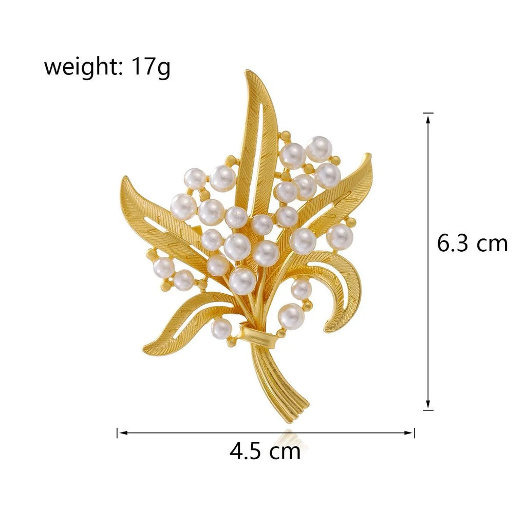 Elegant Gold Alloy Leaf Bouquet Brooch With Faux Pearls, Women's Lapel Pin Corsage Suit Accessory Gift