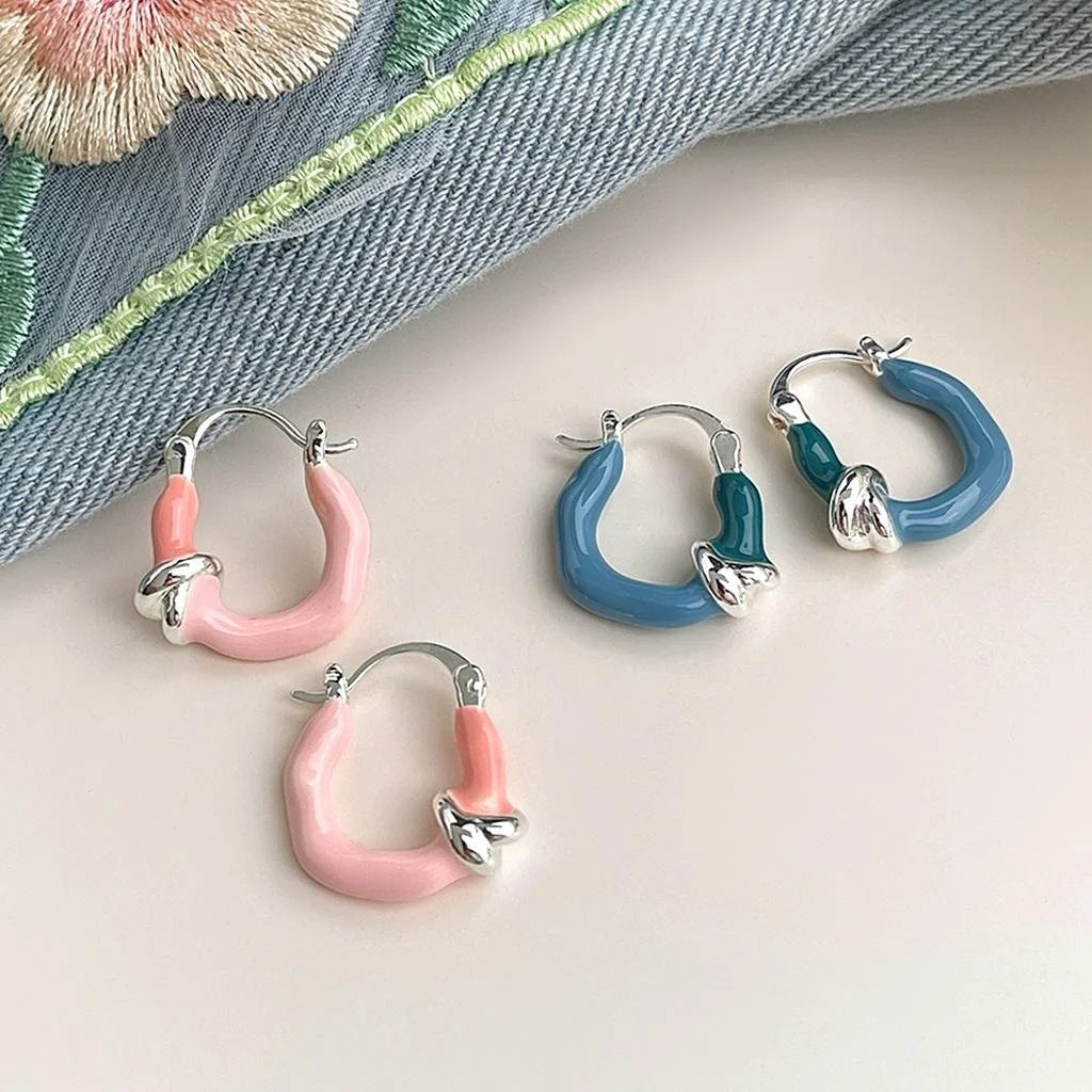 Sweet Copper Enamel Gradient Blue Pink Geometric Knot Drop Earrings For Elegant Office Wear