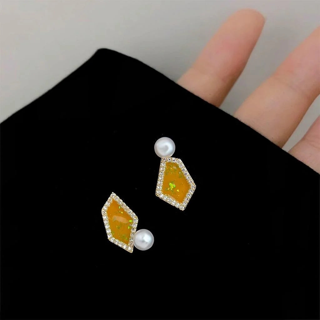 14K Gold Plated Copper Irregular Geometric Stud Earrings With Pearl Zircon Enamel Design