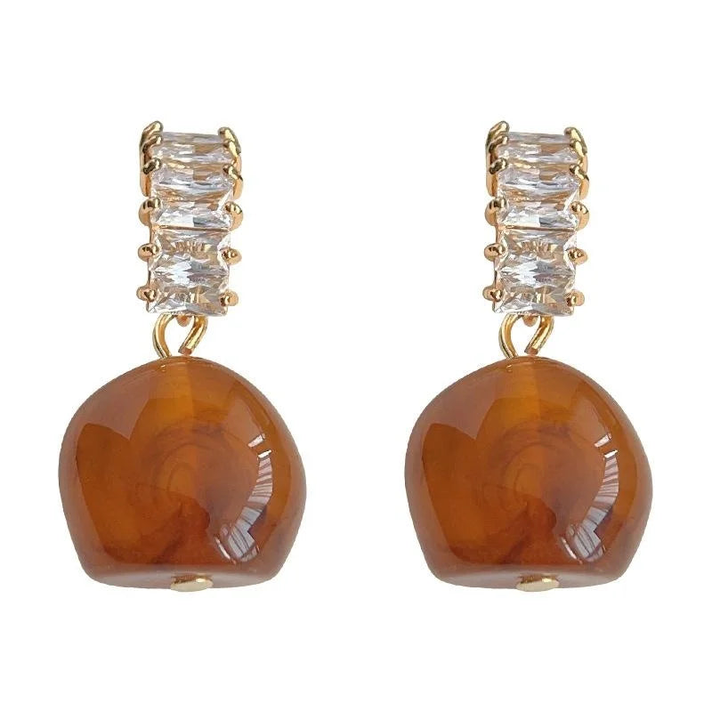 French Vintage Amber Zircon Tassel Drop Earrings 14K Plated Geometric Fashion Jewelry