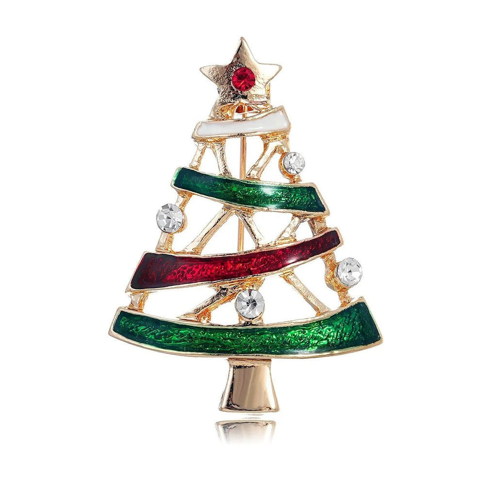 Elegant Enamel Christmas Tree Brooch With Rhinestone Star, Gold Tone Alloy Lapel Pin Holiday Gift