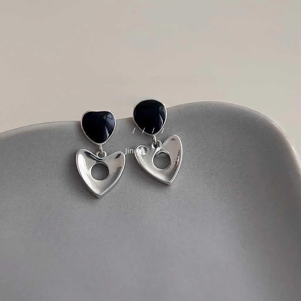 Sweet Cool Black Enamel Hollow Heart Copper Drop Earrings For Women