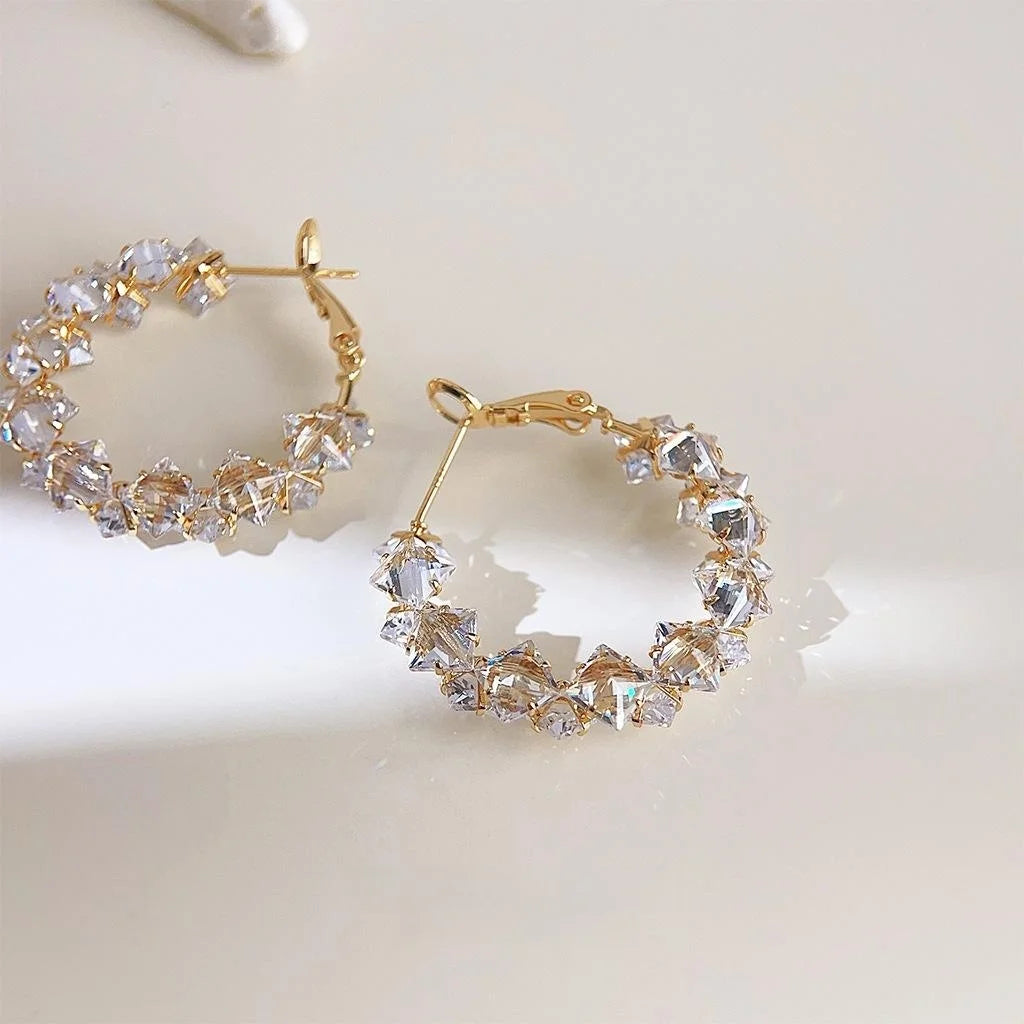 18K Gold Plated Copper Geometric Round Zircon Hoop Earrings, Thick Shiny Luxury Style