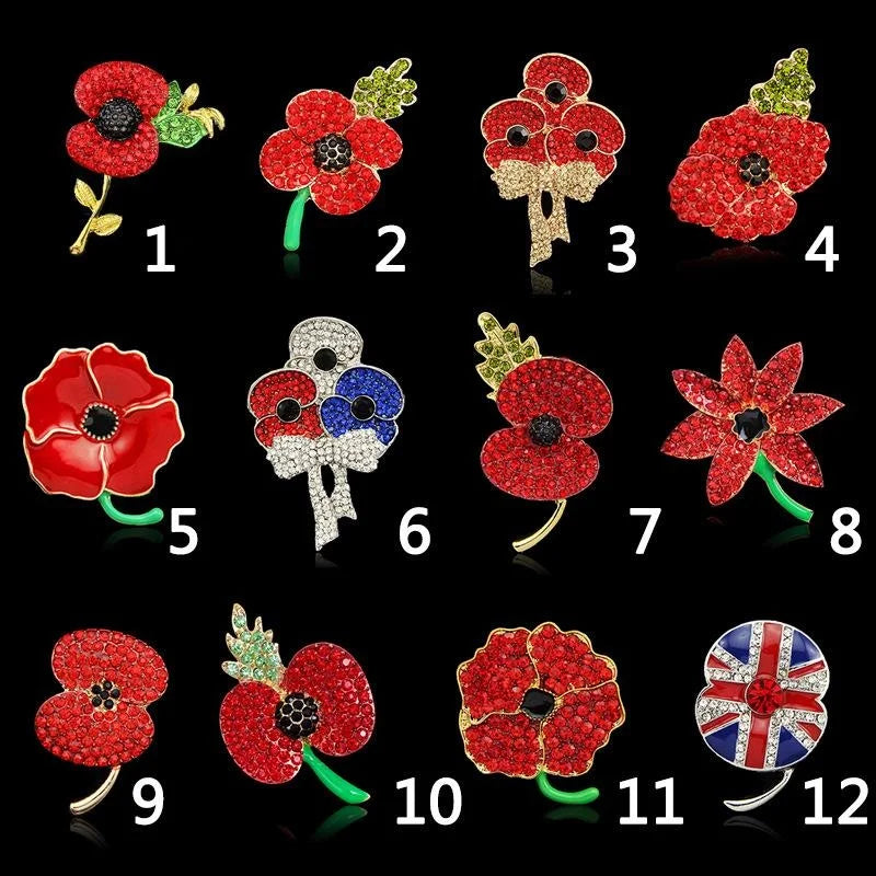Elegant Red Enamel Poppy Brooch With Rhinestone Accents, Alloy Lapel Pin Corsage Suit Accessory Gift