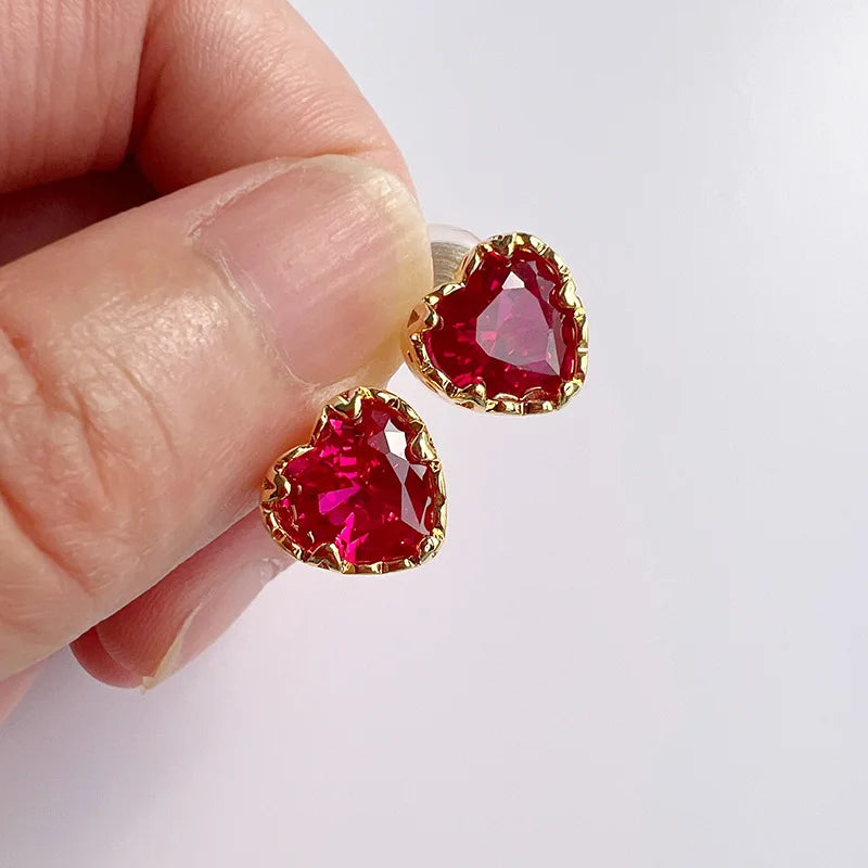 Elegant Rose Red Heart Zircon Gold Tone Alloy Stud & Clip On No Piercing Minimalist Everyday Earrings