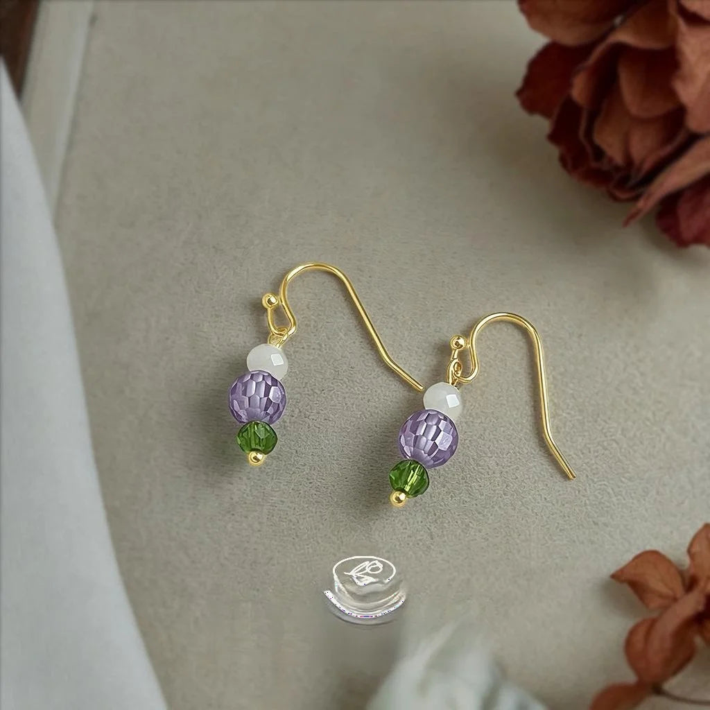 Lavender Purple Glass Crystal Geometric Drop Earrings Handmade Minimalist Niche Style
