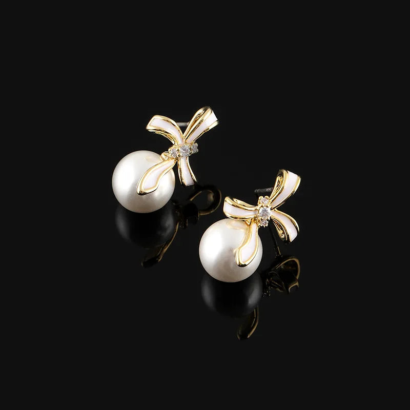 Elegant Enamel Bow Pearl Rhinestone Stud & Clip On No Piercing Gold Alloy Sweet Drop Earrings